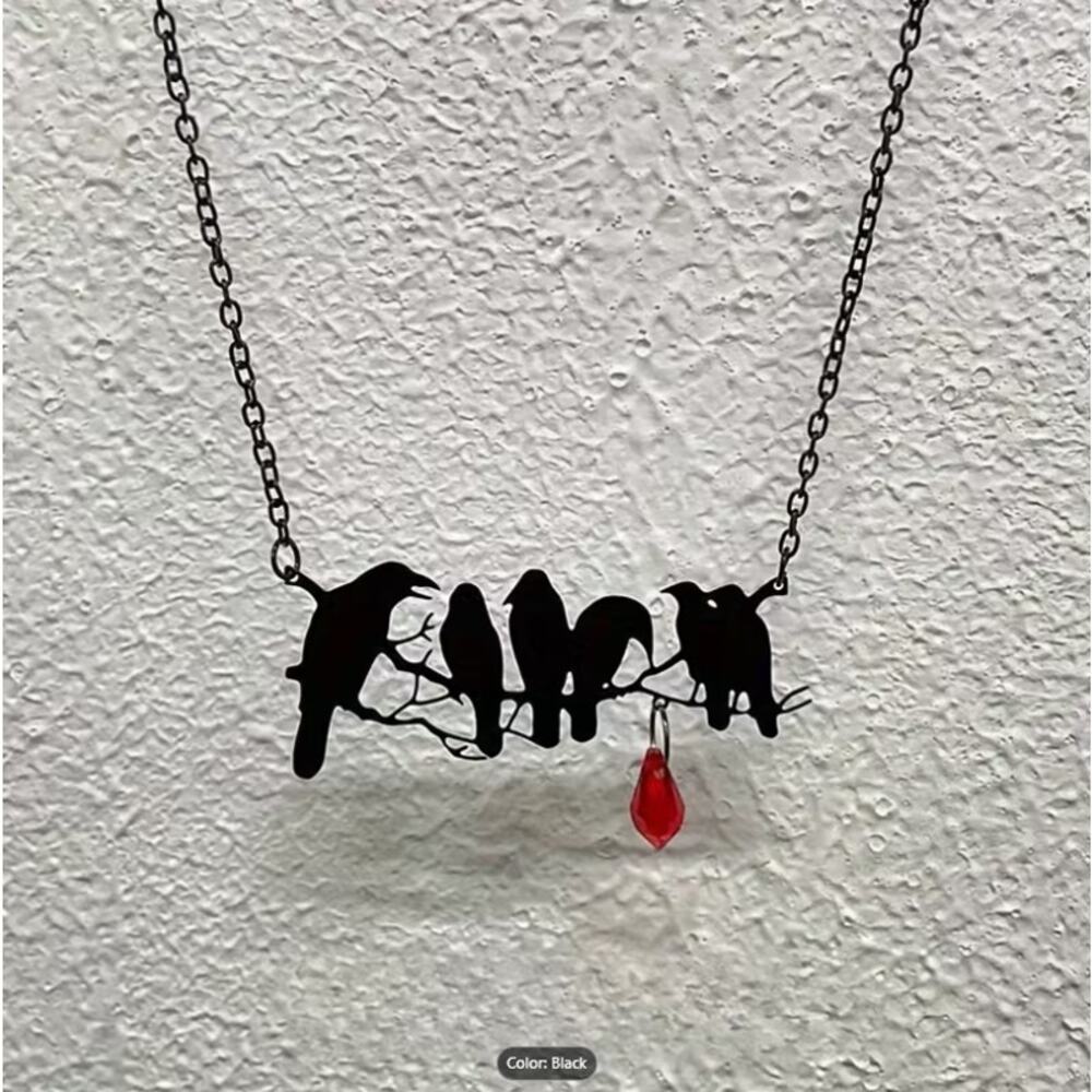 Black Raven Bird Branch Necklace with Red Crystal Drop – Gothic Crow Pendant